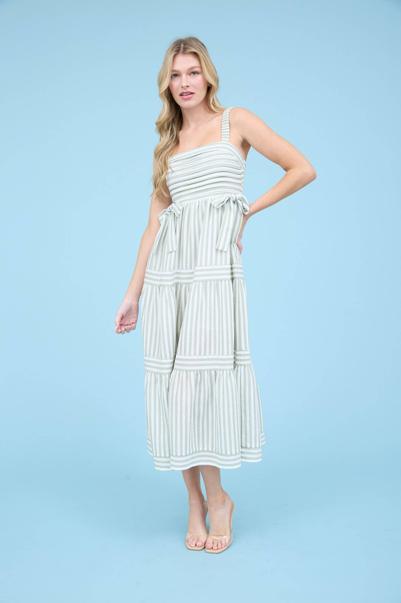 STRIPE TIE DETAIL SLEEVELESS TIERED MIDI DRESS