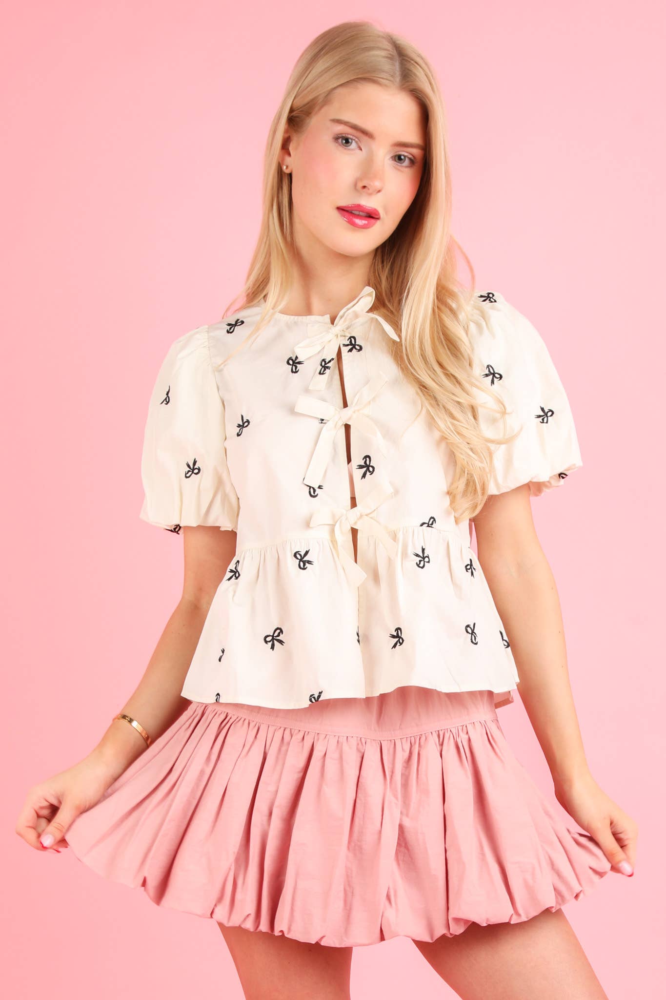 Front Tie Bow Embroidered Blouse Top