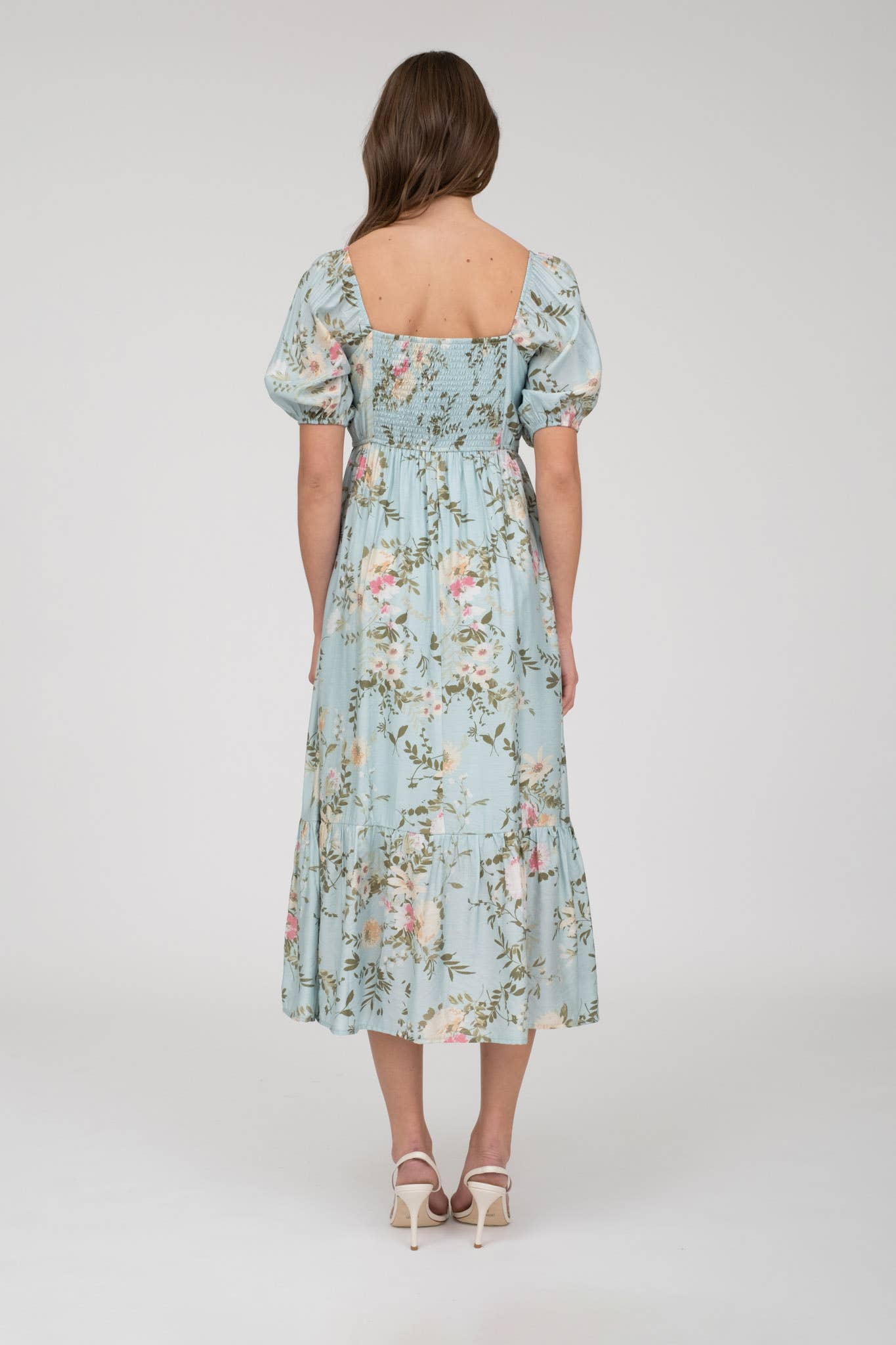 FLORAL PLEATED FRONT BALLOON SLEEVE MIDI DRESS