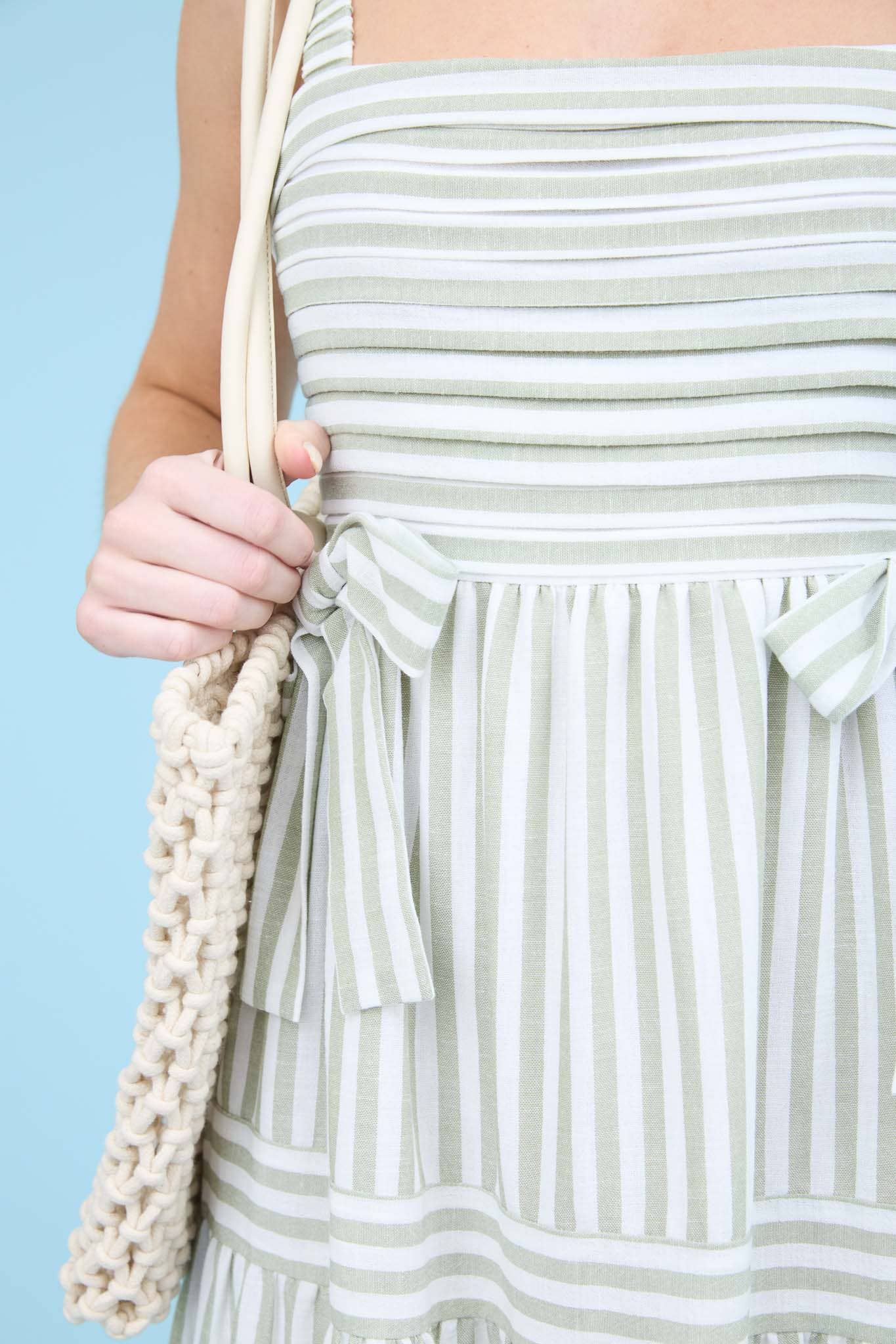 STRIPE TIE DETAIL SLEEVELESS TIERED MIDI DRESS