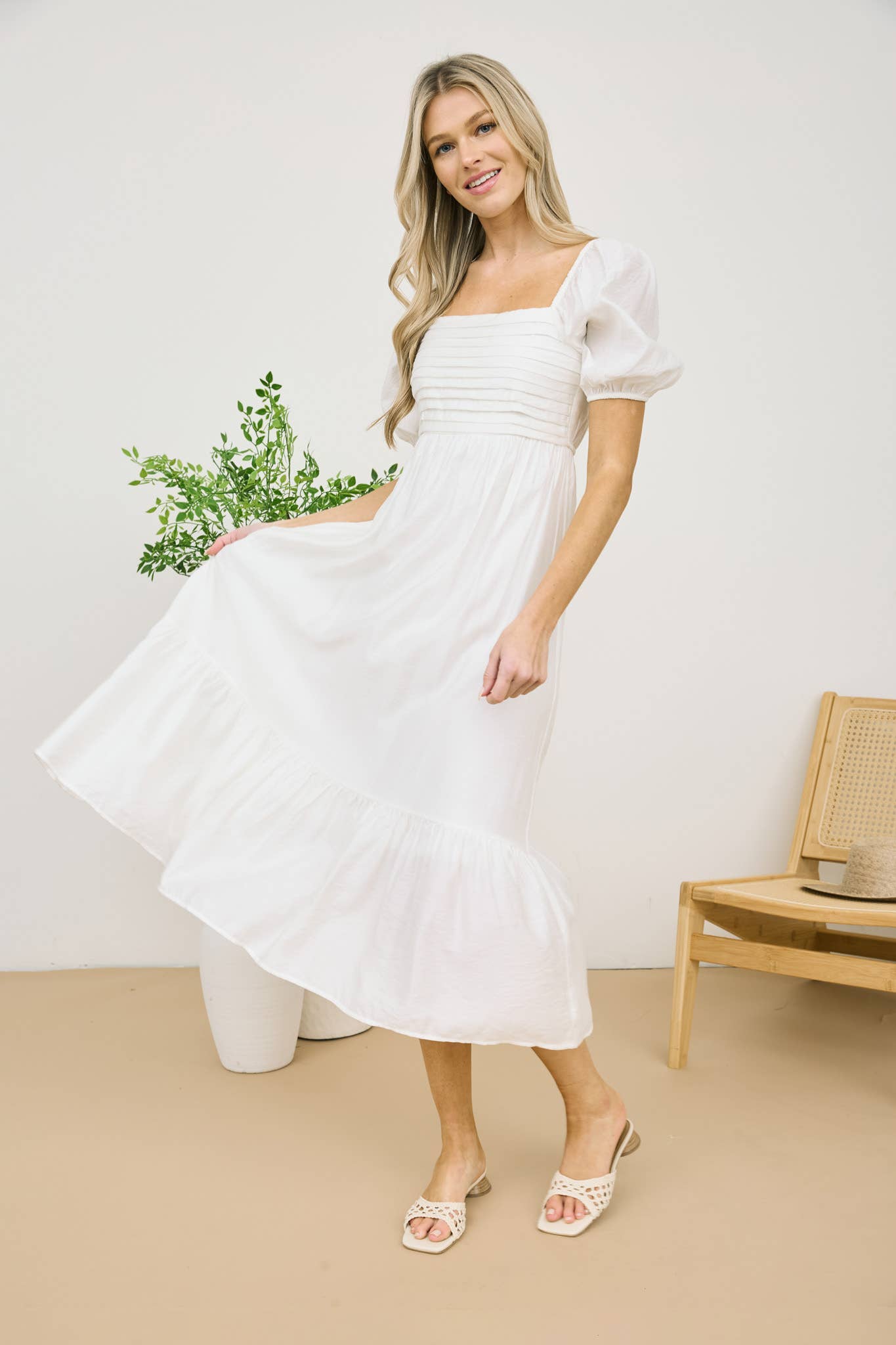 OFF WHITE PLEATED EMPIRE WAIST PUFF SLEEVE MIDI DRESS