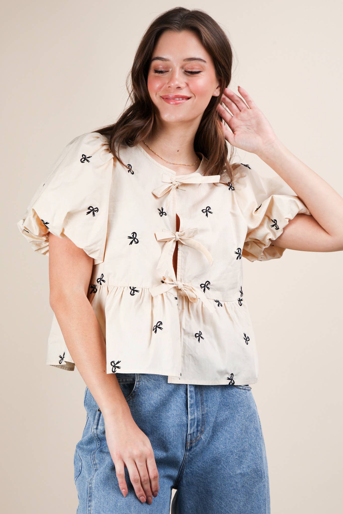Front Tie Bow Embroidered Blouse Top