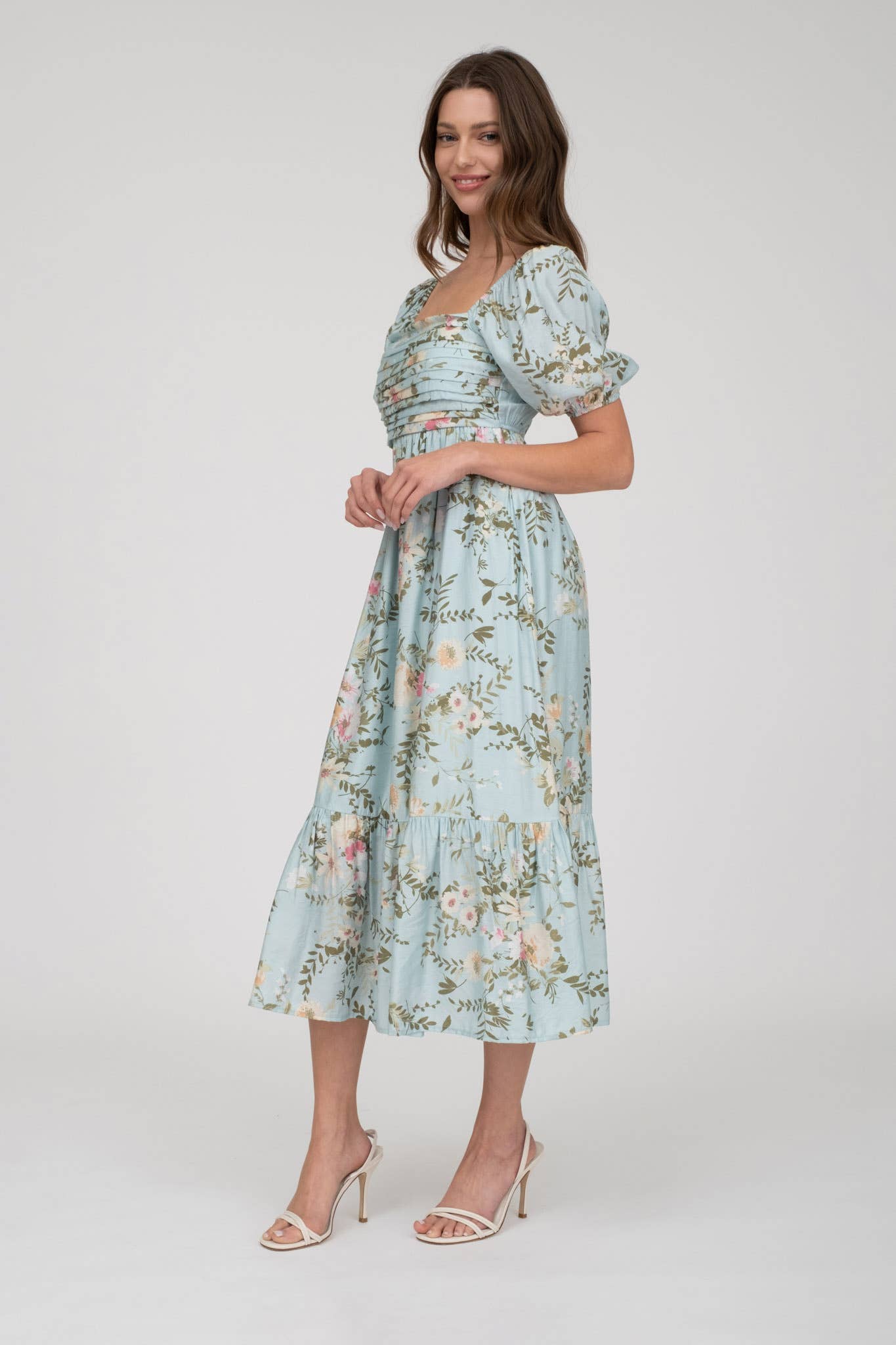 FLORAL PLEATED FRONT BALLOON SLEEVE MIDI DRESS
