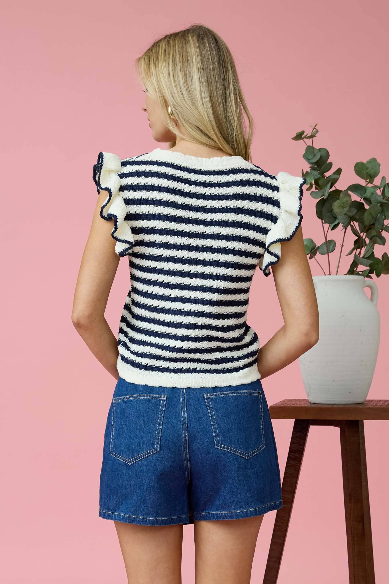 STRIPE SHORT RUFFLE SLEEVE SWEATER KNIT TOP