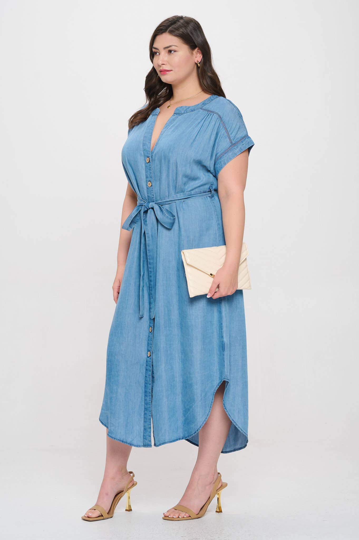 BUTTON DOWN BELTED MIDI DRESS