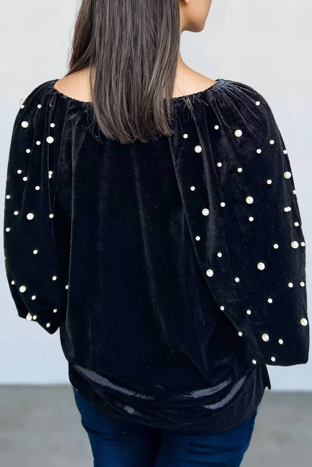 Black Pearl Beaded Puff Sleeve Velvet Top | S-XL
