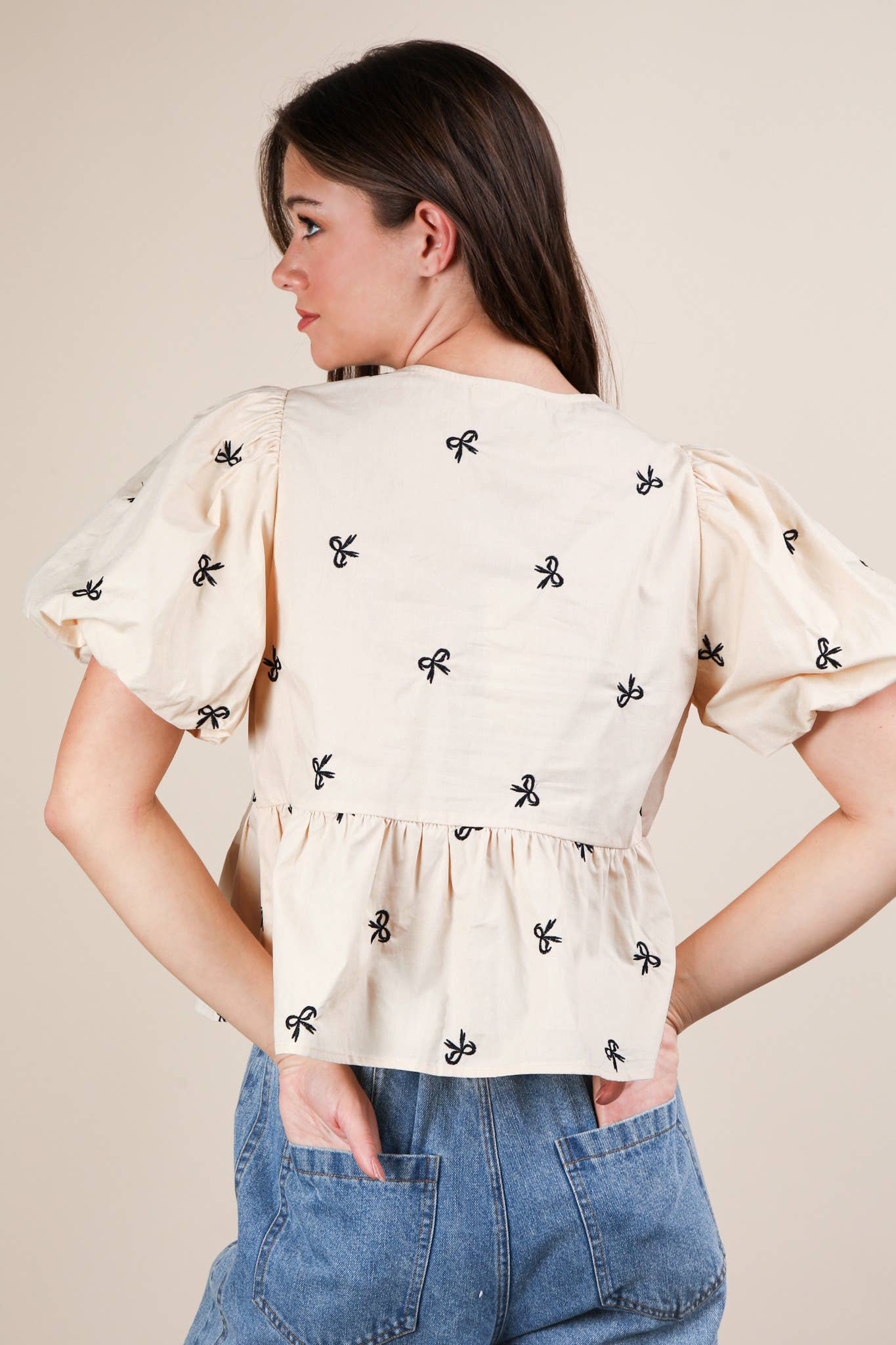 Front Tie Bow Embroidered Blouse Top