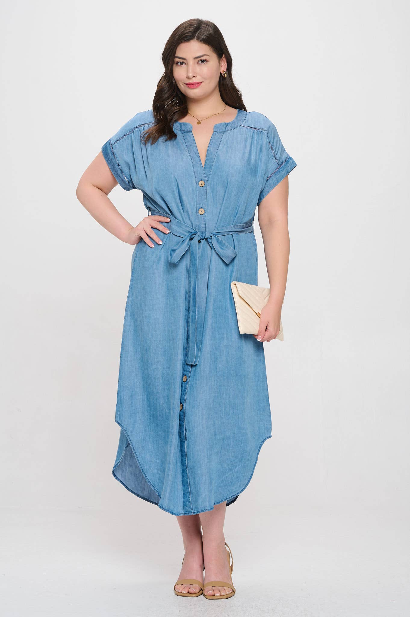 BUTTON DOWN BELTED MIDI DRESS