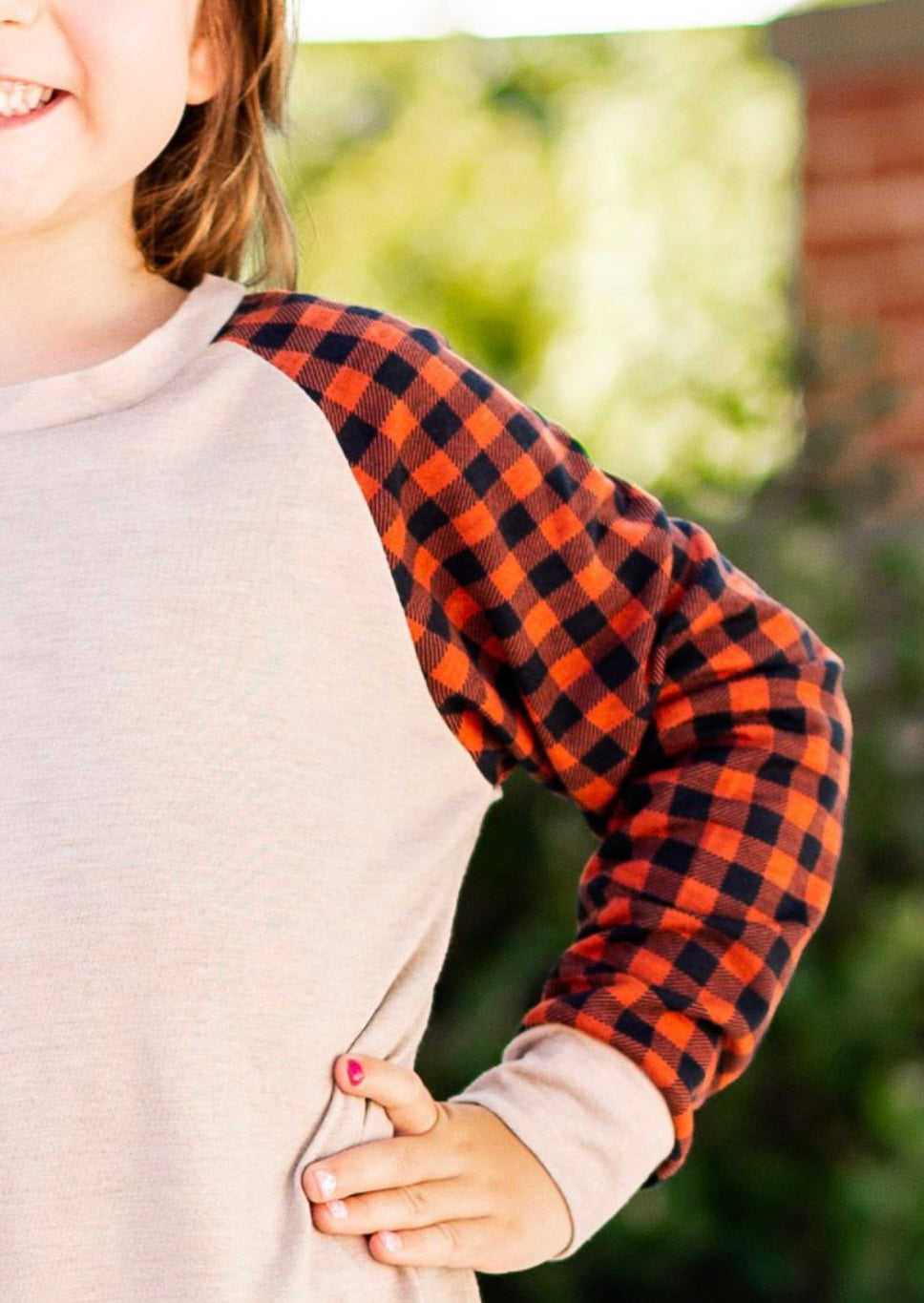 Girls' Tan Longsleeve Tee with Orange Gingham Sleeves