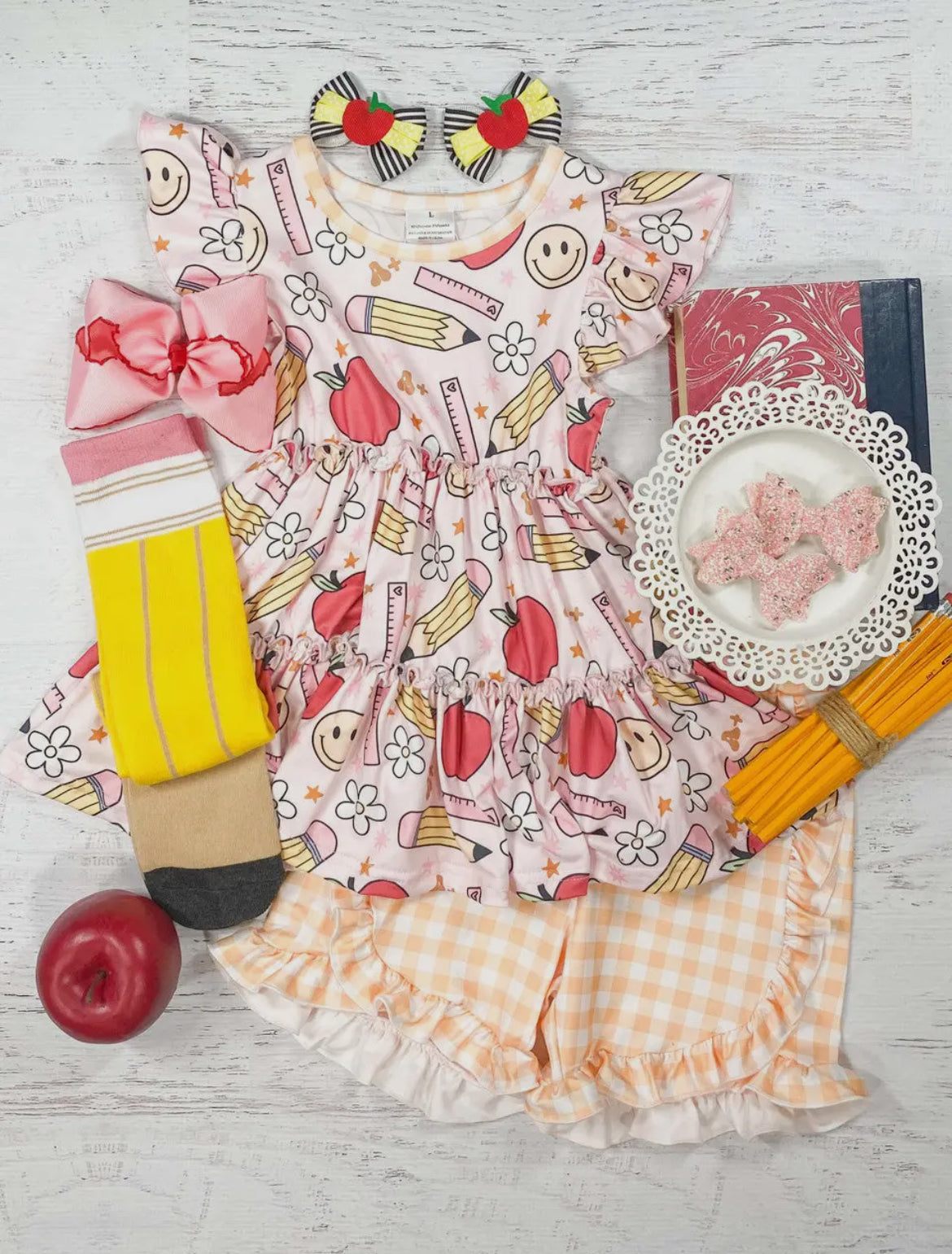 Apples and pencils ruffled short set
