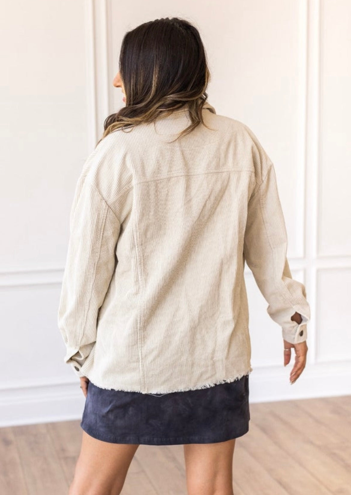 Cream Distressed Corduroy Shacket