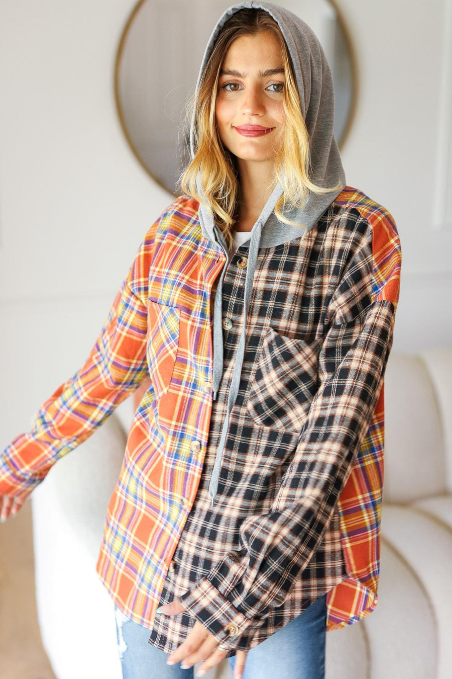 PLAID CHECK OVERSIZED JACKET WITH HOODIE RUST/BLACK
