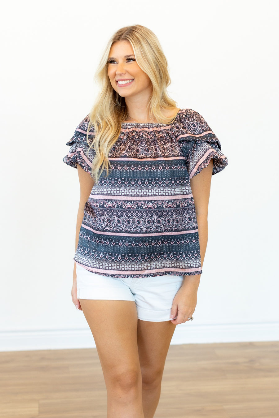 MIXED PRINT PEASANT BLOUSE