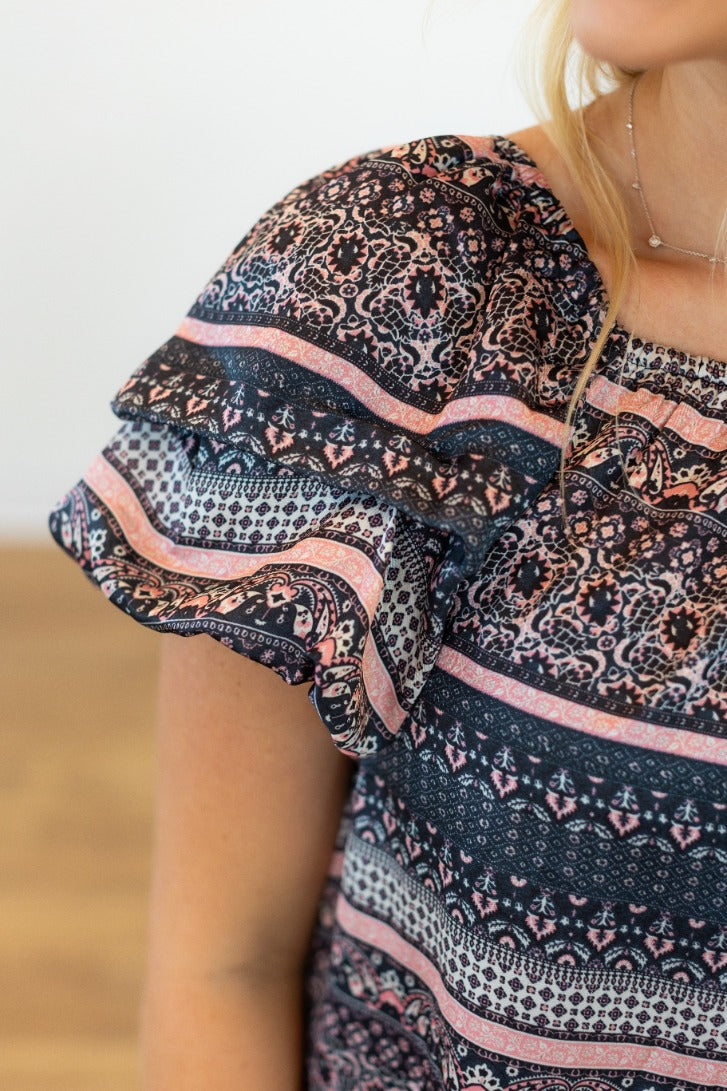 MIXED PRINT PEASANT BLOUSE