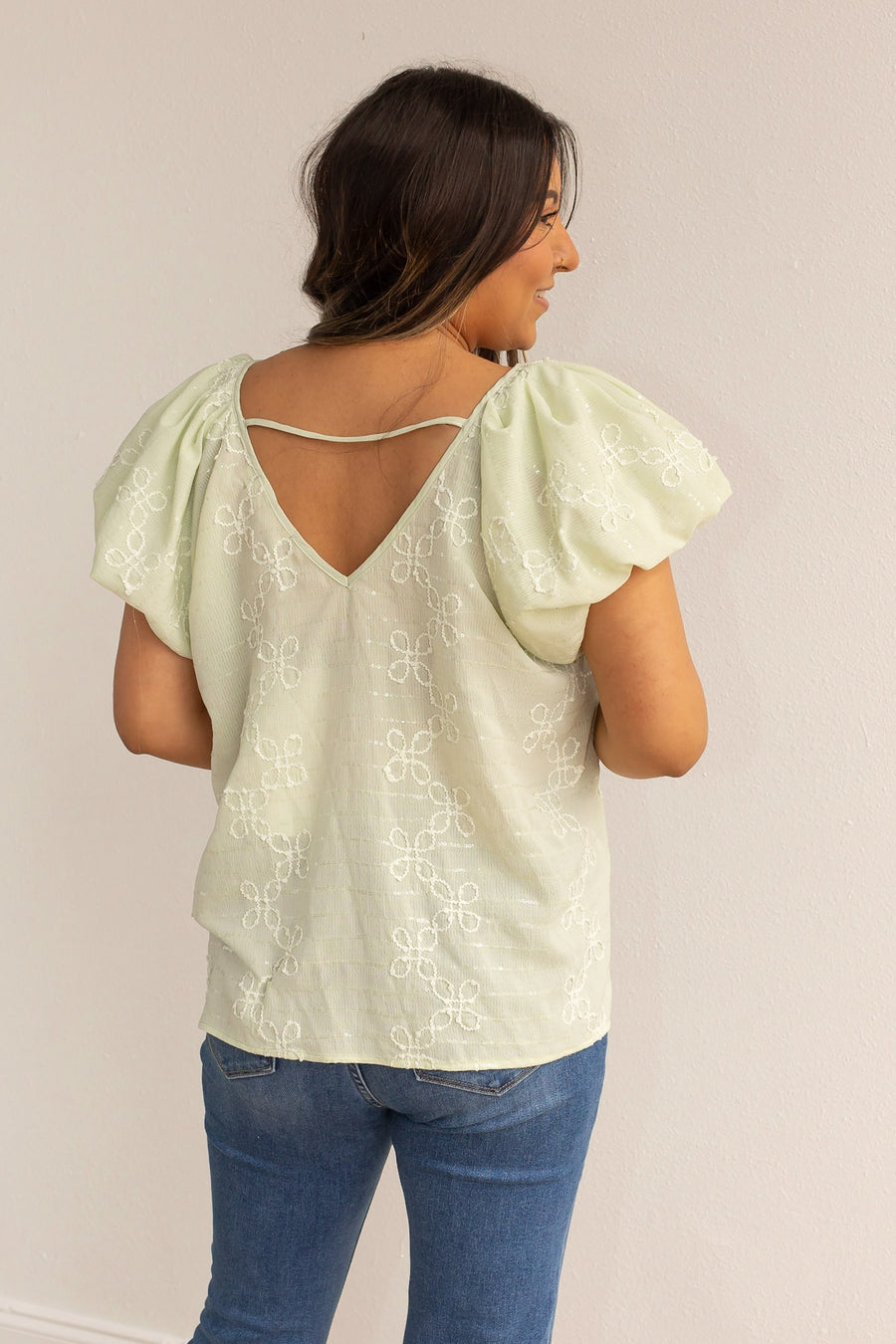 PEACE MINT WHIMSY EMBROIDERED SLEEVE BLOUSE