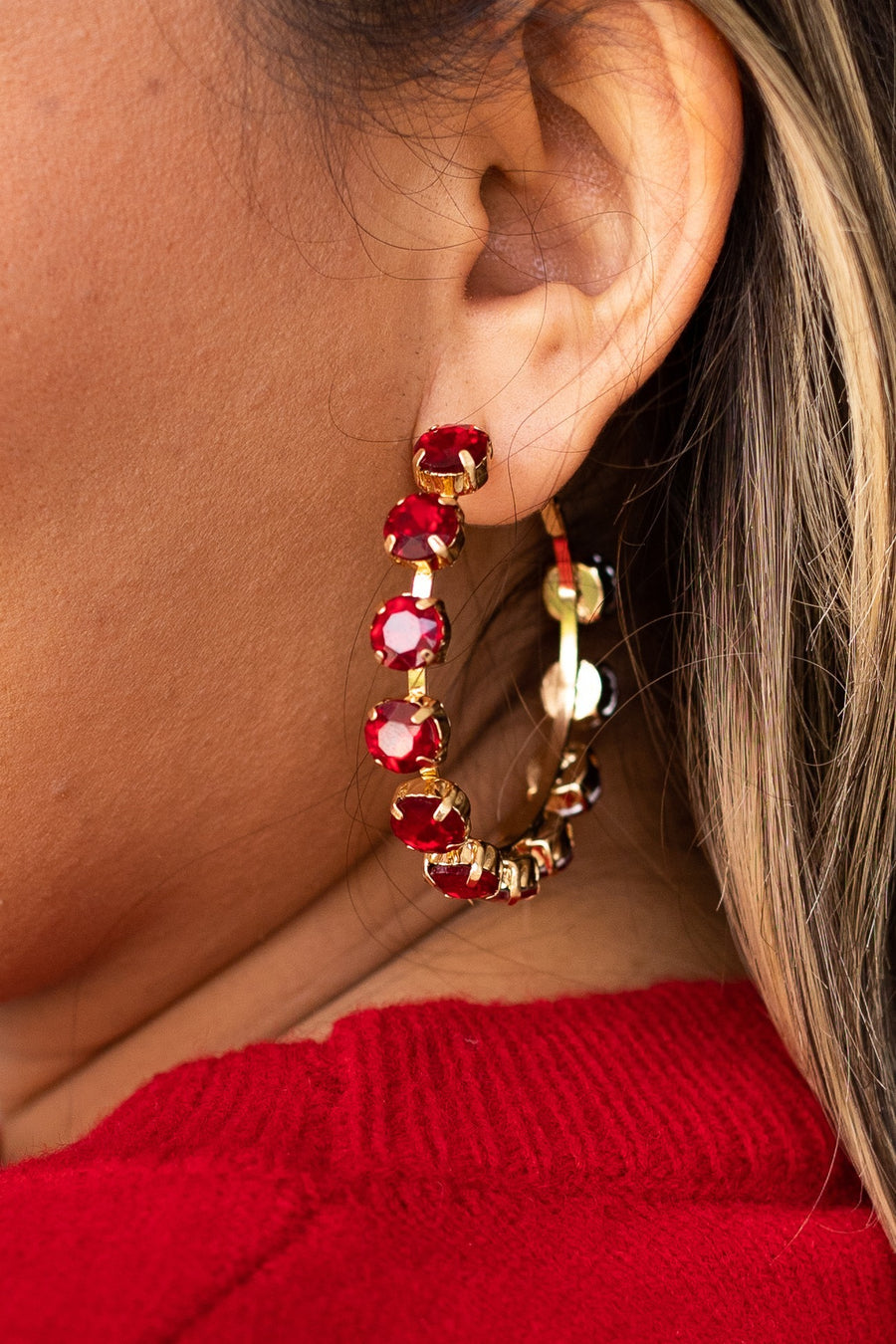 Red Stone Hoop Earrings