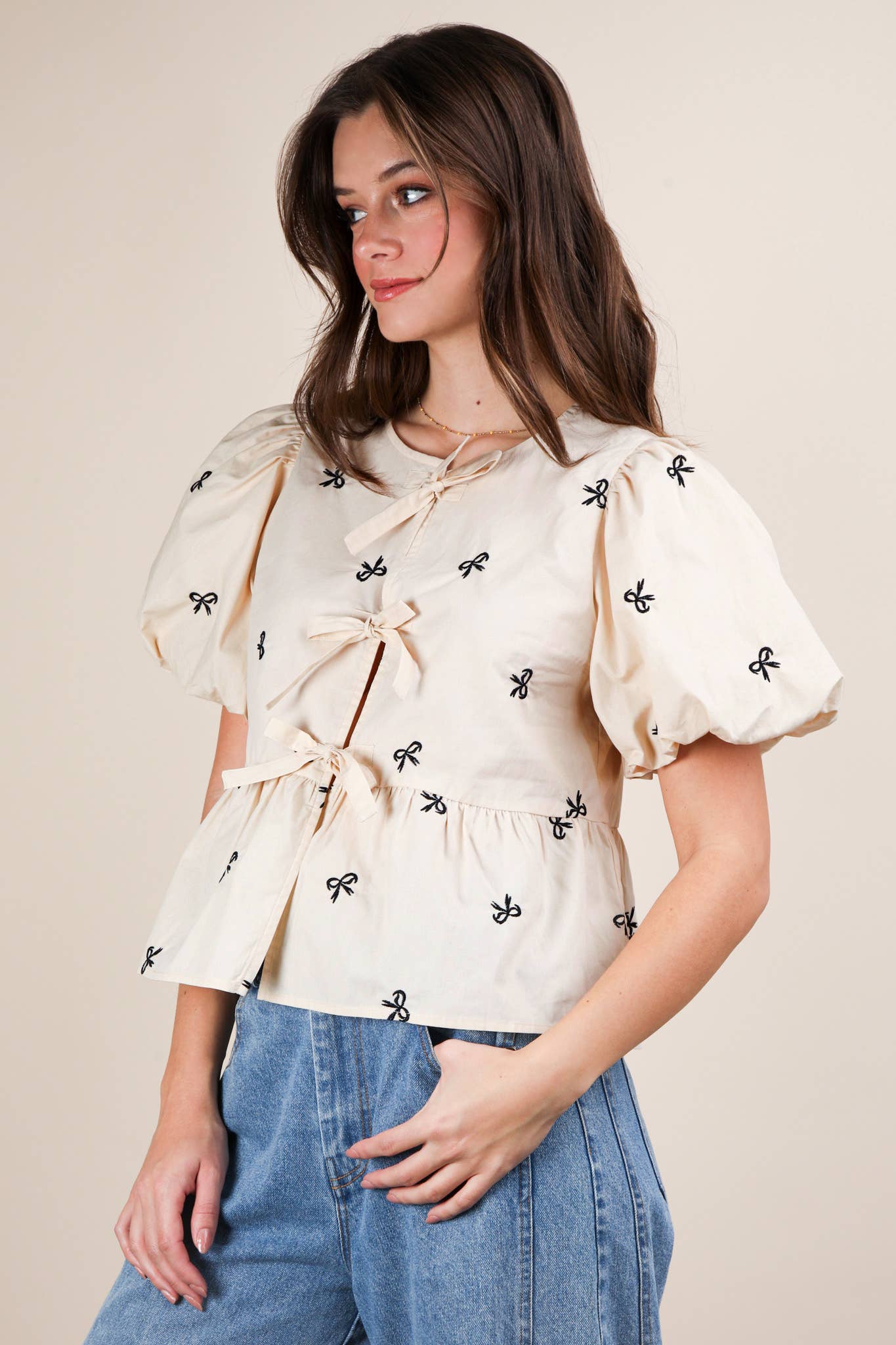 Front Tie Bow Embroidered Blouse Top