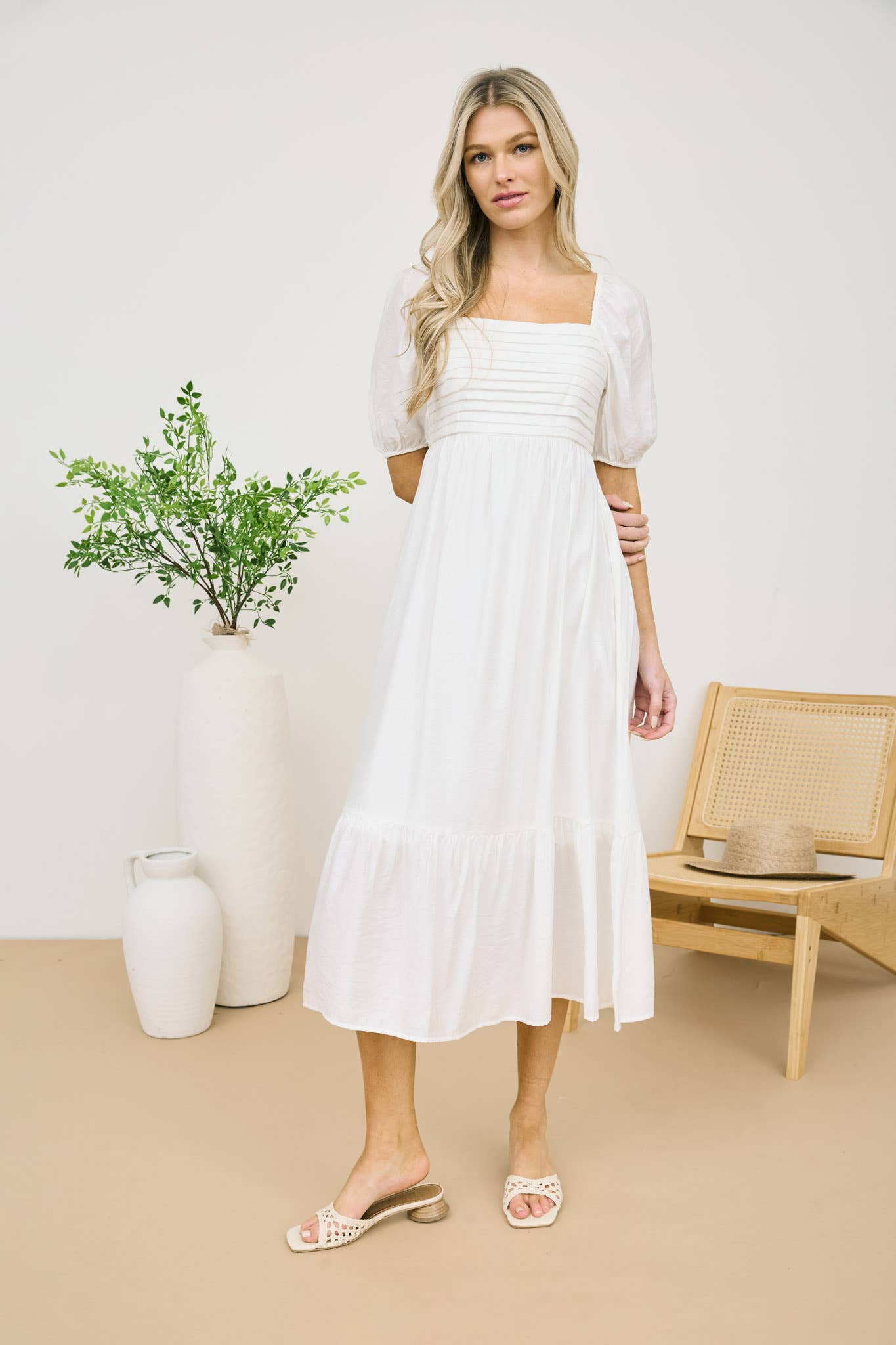 OFF WHITE PLEATED EMPIRE WAIST PUFF SLEEVE MIDI DRESS