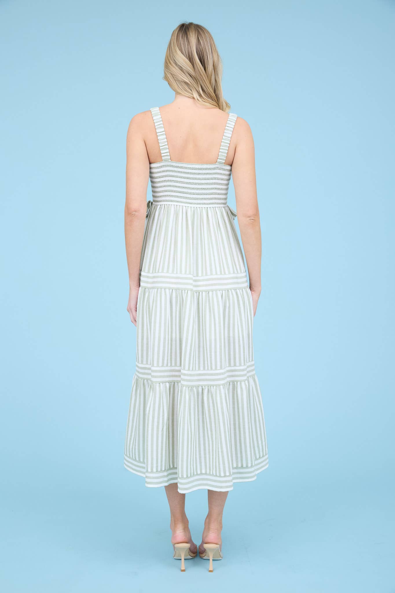 STRIPE TIE DETAIL SLEEVELESS TIERED MIDI DRESS