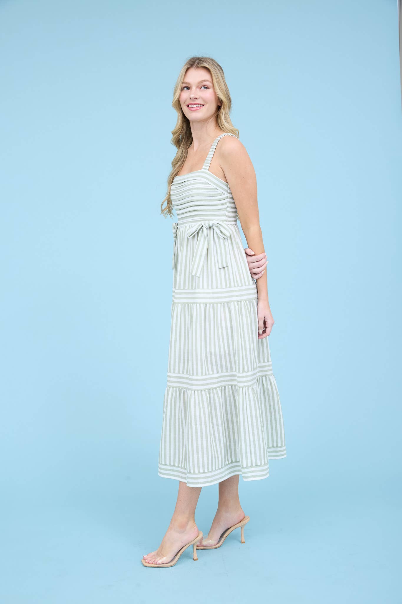 STRIPE TIE DETAIL SLEEVELESS TIERED MIDI DRESS