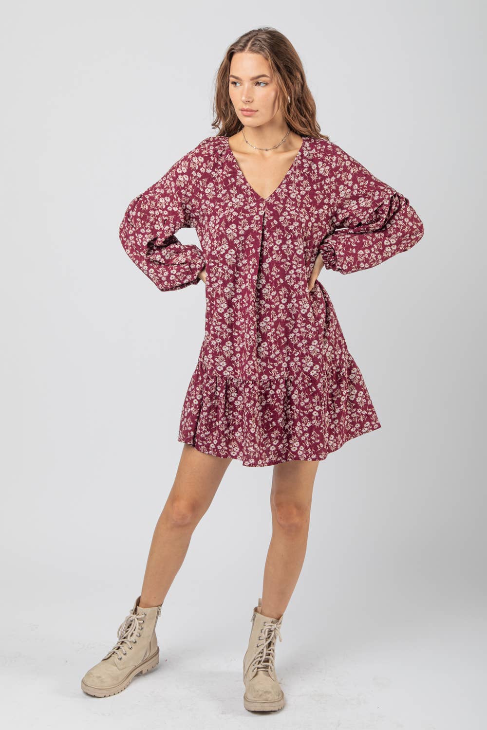 LD44178-Floral Printed Babydoll Mini Dress