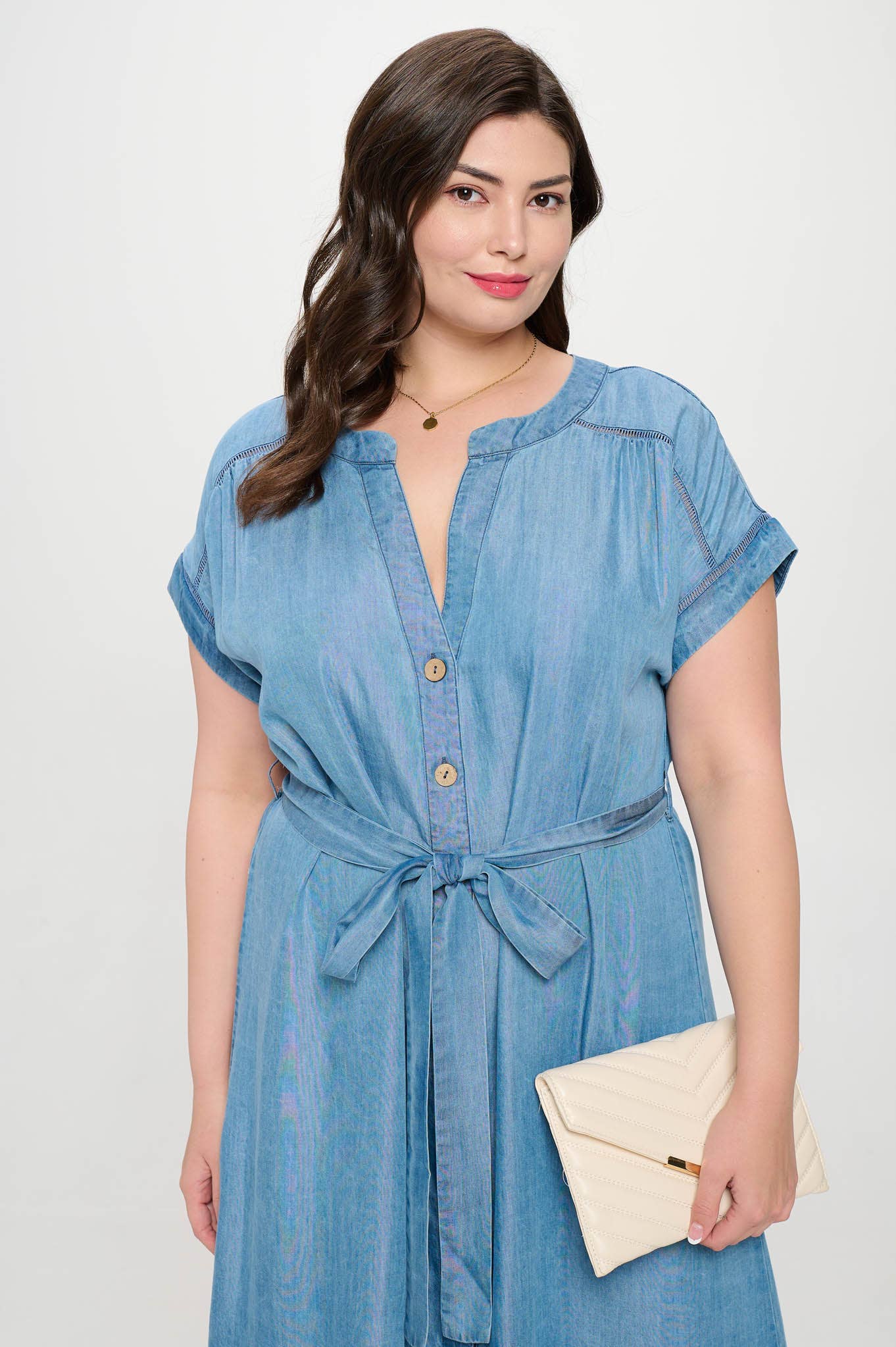 BUTTON DOWN BELTED MIDI DRESS