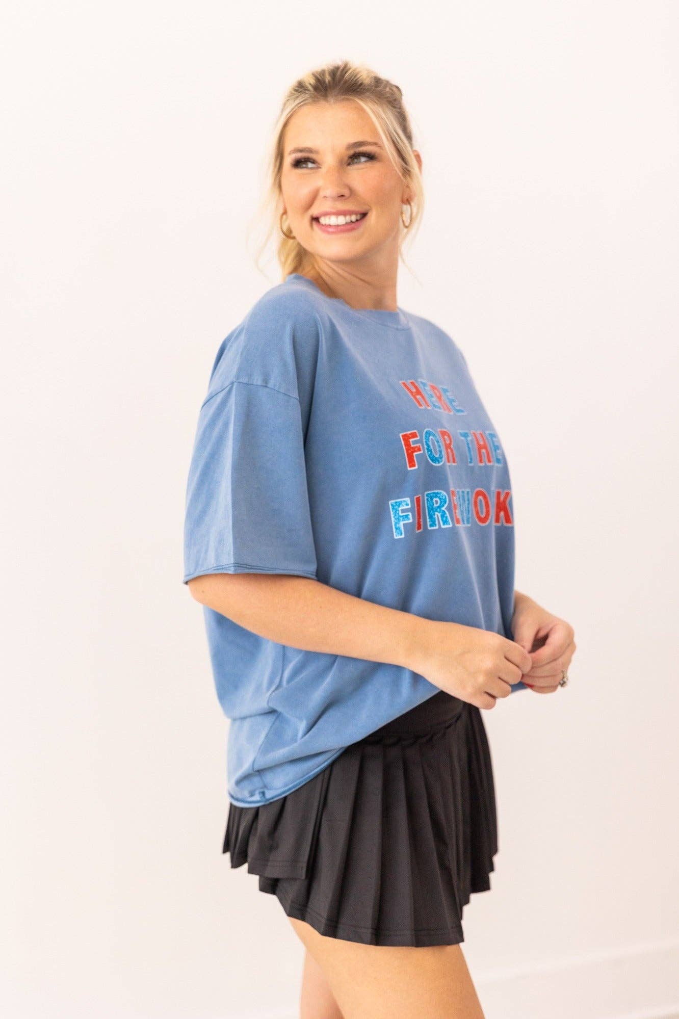"Here For Fireworks" On Blue Relaxed Fit Tee