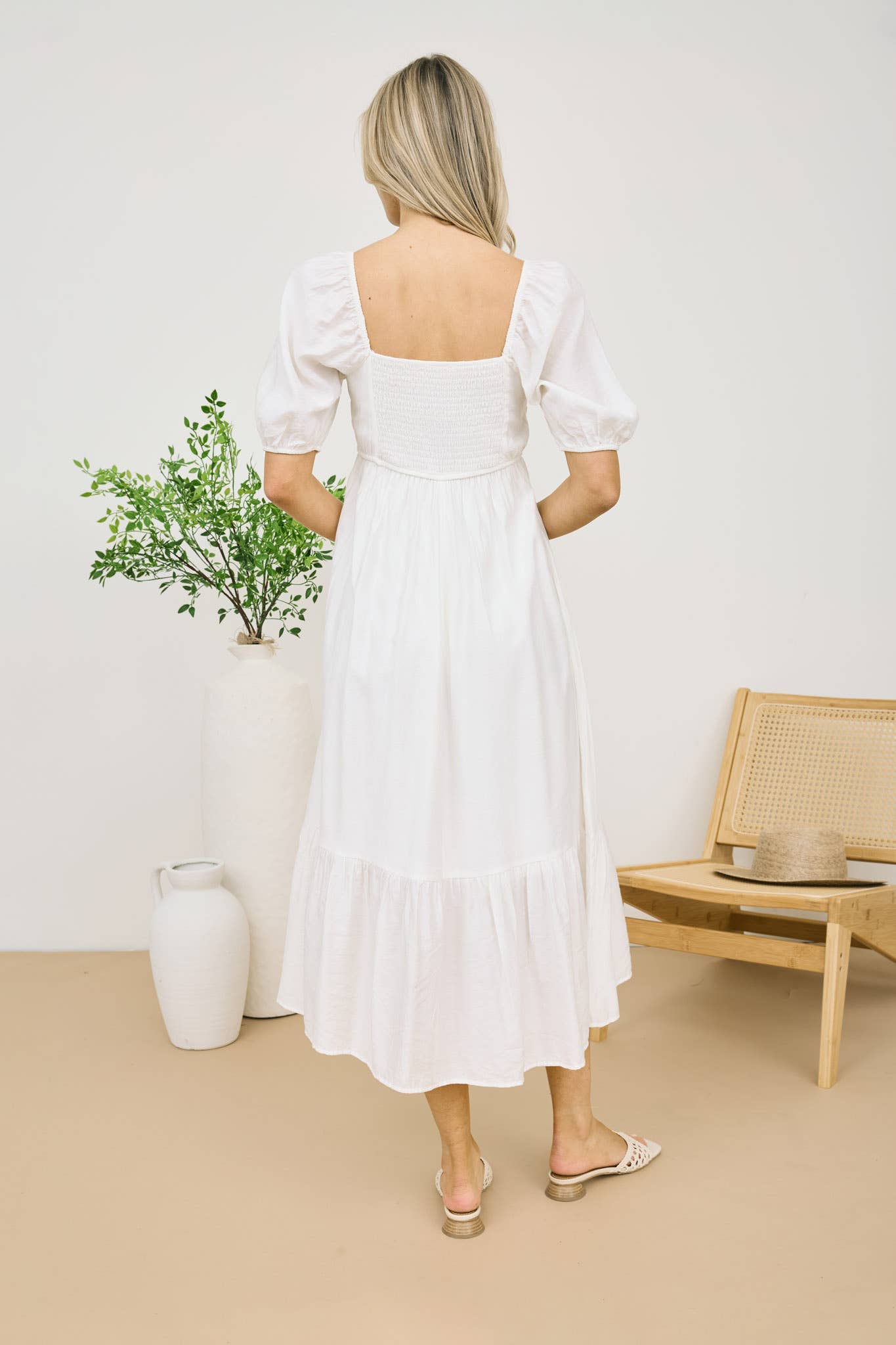 OFF WHITE PLEATED EMPIRE WAIST PUFF SLEEVE MIDI DRESS
