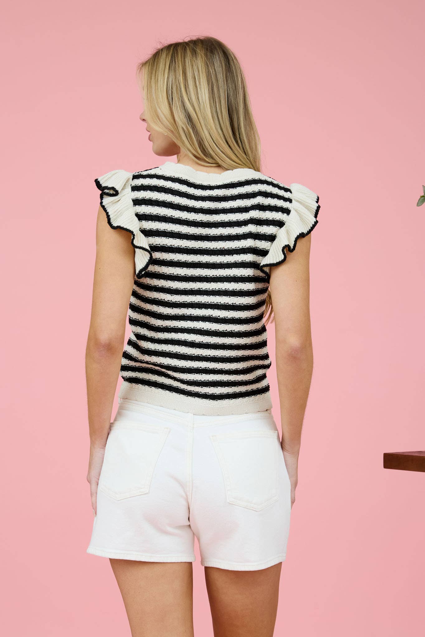 STRIPE SHORT RUFFLE SLEEVE SWEATER KNIT TOP