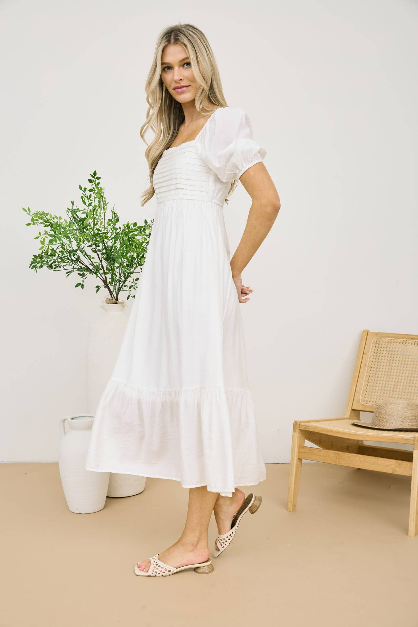 OFF WHITE PLEATED EMPIRE WAIST PUFF SLEEVE MIDI DRESS