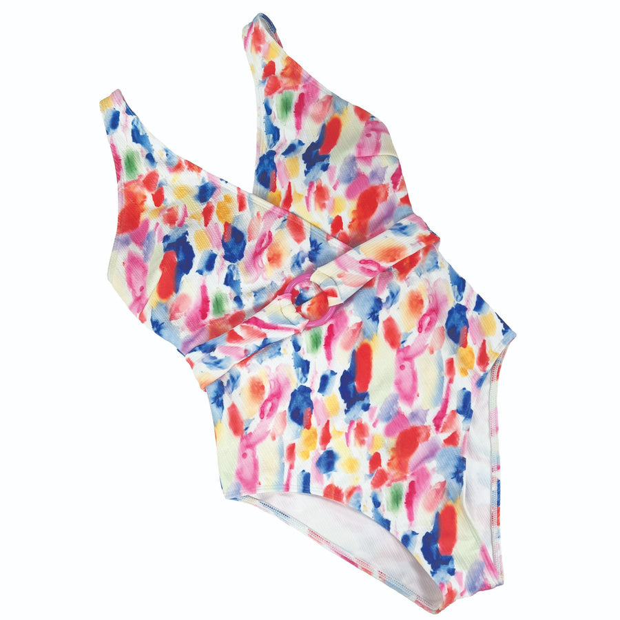 Abstract multi-color one piece swim wear with belt