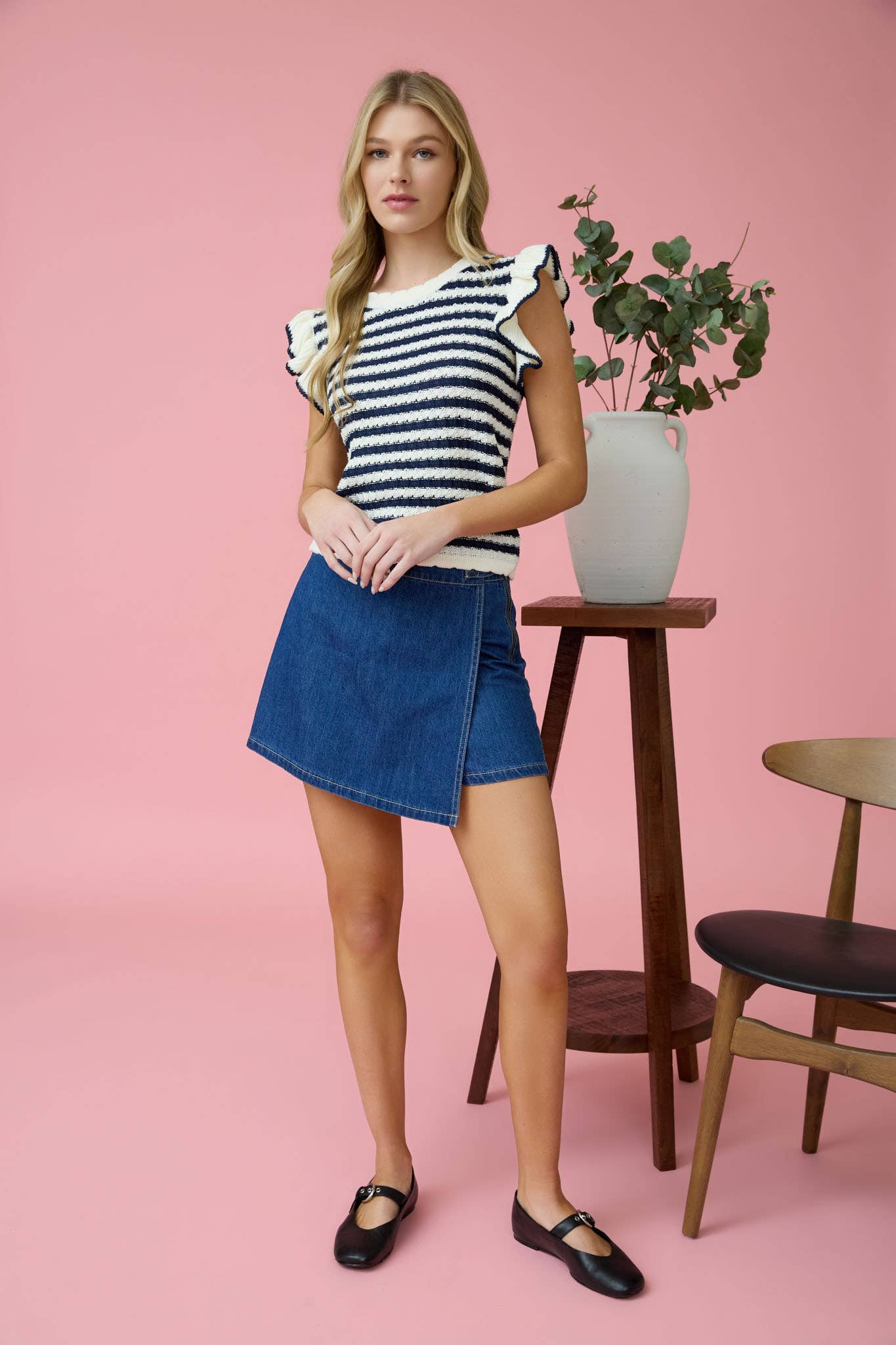 STRIPE SHORT RUFFLE SLEEVE SWEATER KNIT TOP