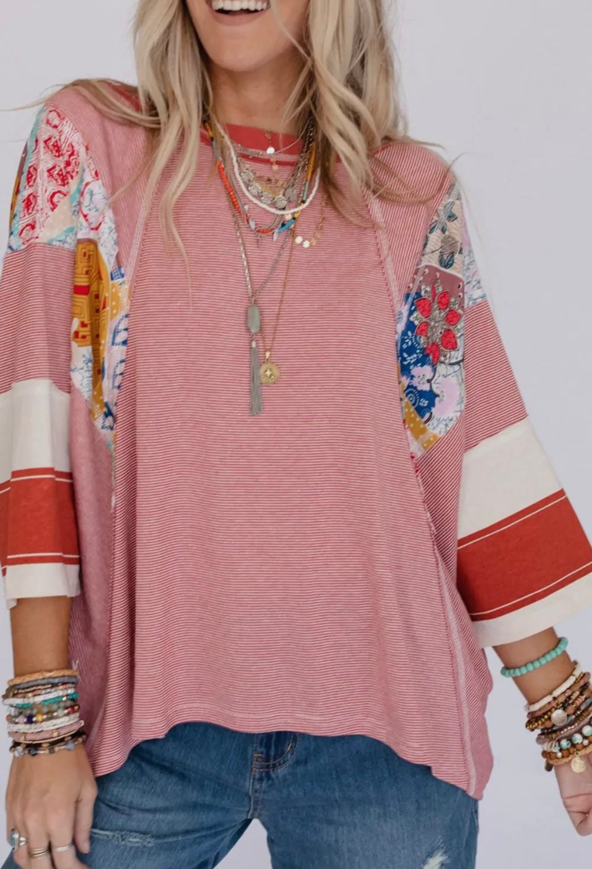 Pinstriped Color Block Patchwork
Oversized Top
