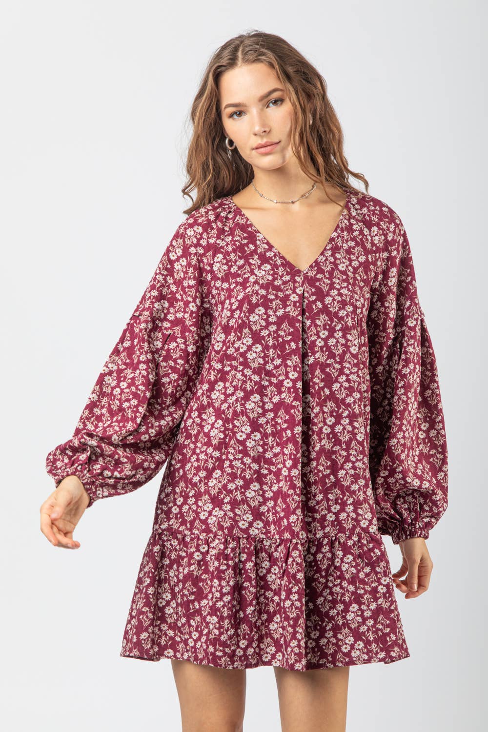 LD44178-Floral Printed Babydoll Mini Dress