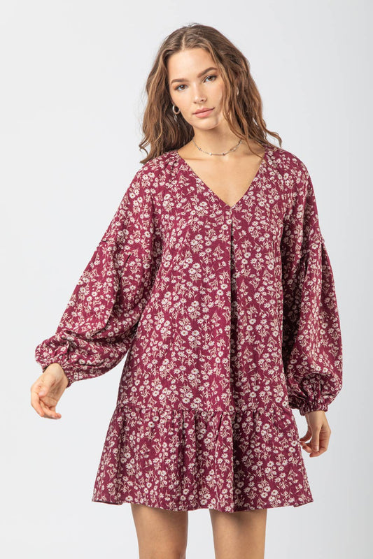 LD44178-Floral Printed Babydoll Mini Dress