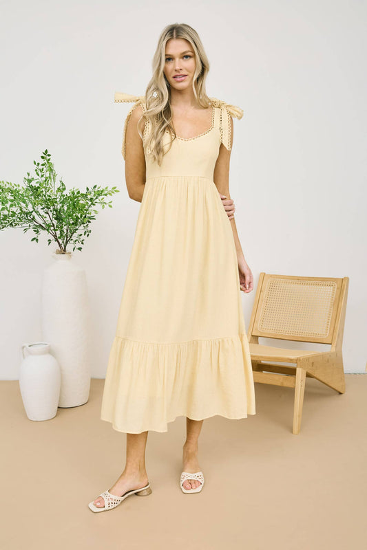 SCALLOP EYELET TRIM TIE STRAP MIDI DRESS