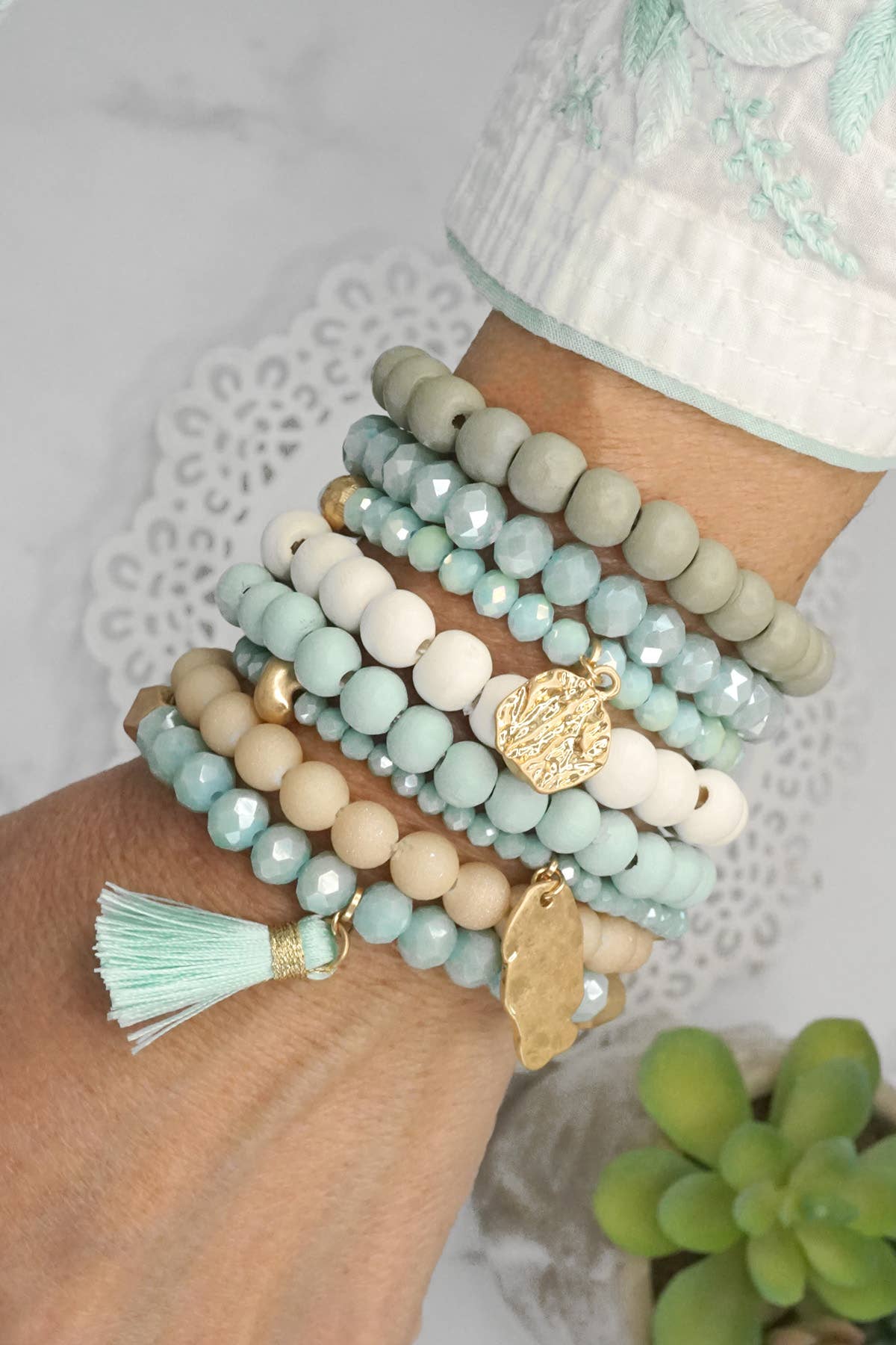 Wood glass basic bracelets stack beaded bracelet set