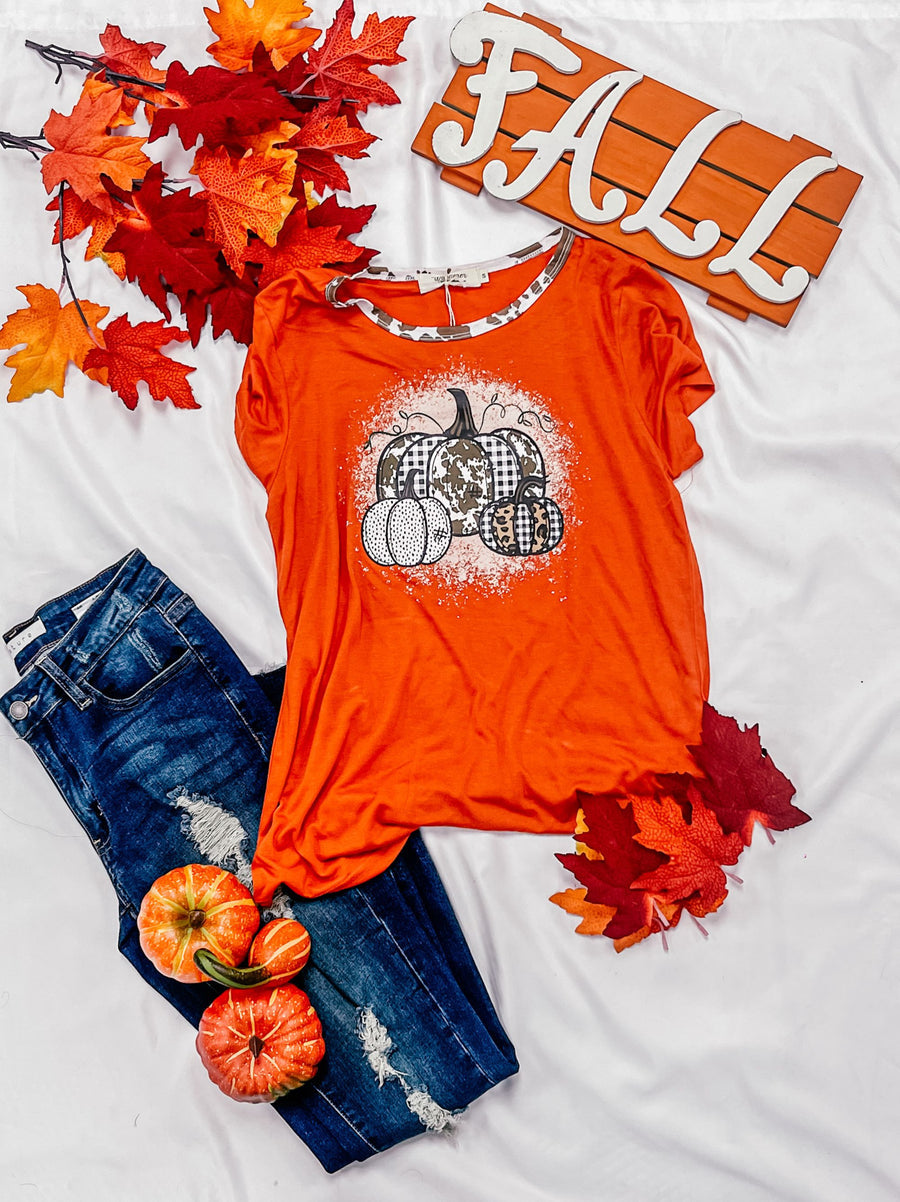 TRIPLE PUMPKIN LEOPARD, COW & ORANGE RINGER TEE