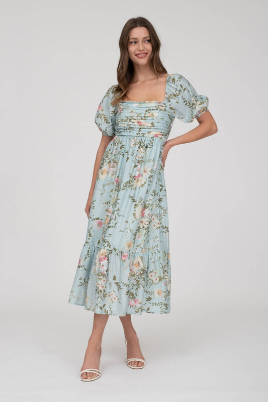 FLORAL PLEATED FRONT BALLOON SLEEVE MIDI DRESS