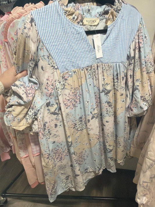 Blue and Ivory Patchwork Top