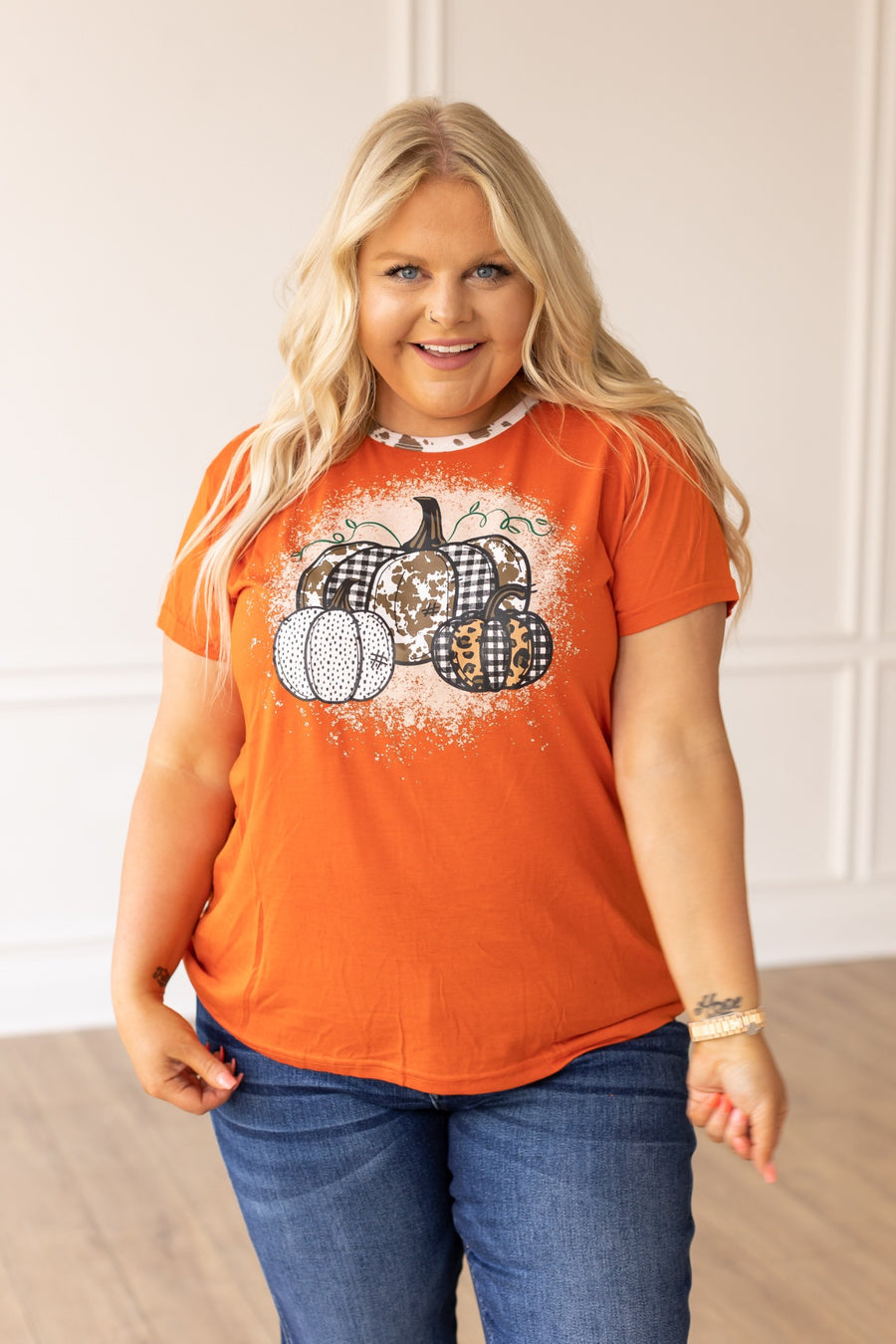 TRIPLE PUMPKIN LEOPARD, COW & ORANGE RINGER TEE