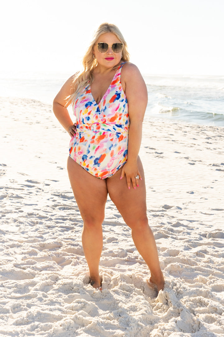 Abstract multi-color one piece swim wear with belt