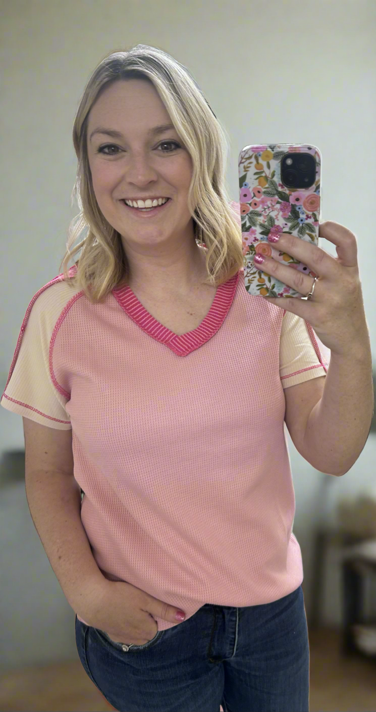 Exposed seam v neck top