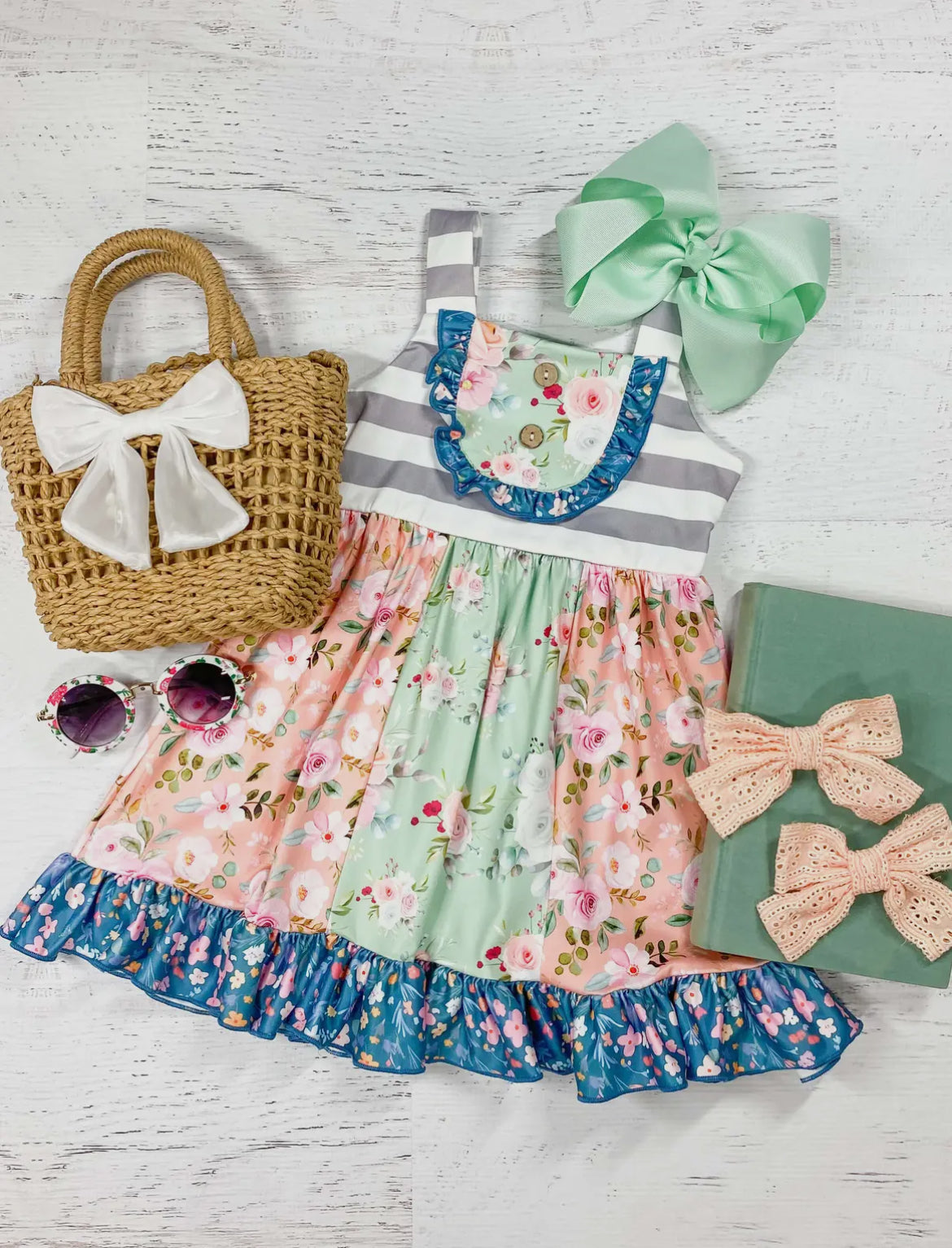Floral and gray striped dress