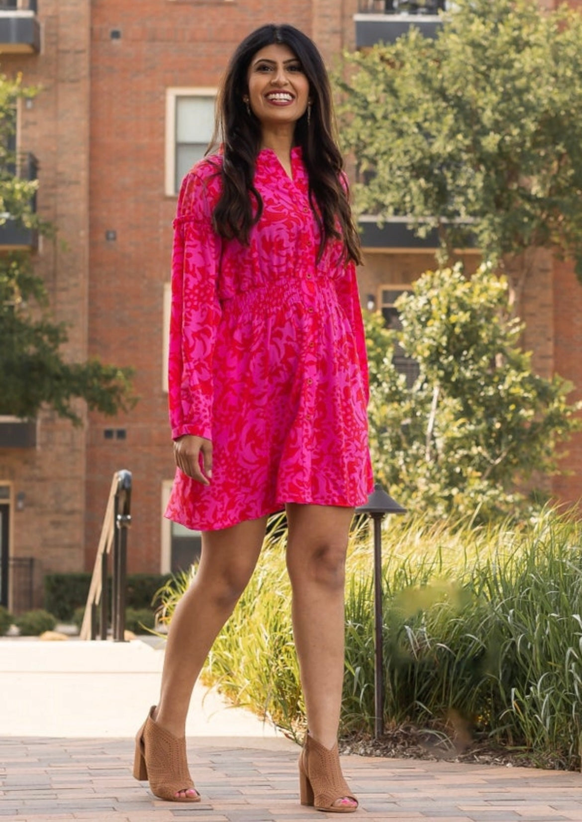 Rosy Fusion Button Down Dress, Red and Pink
