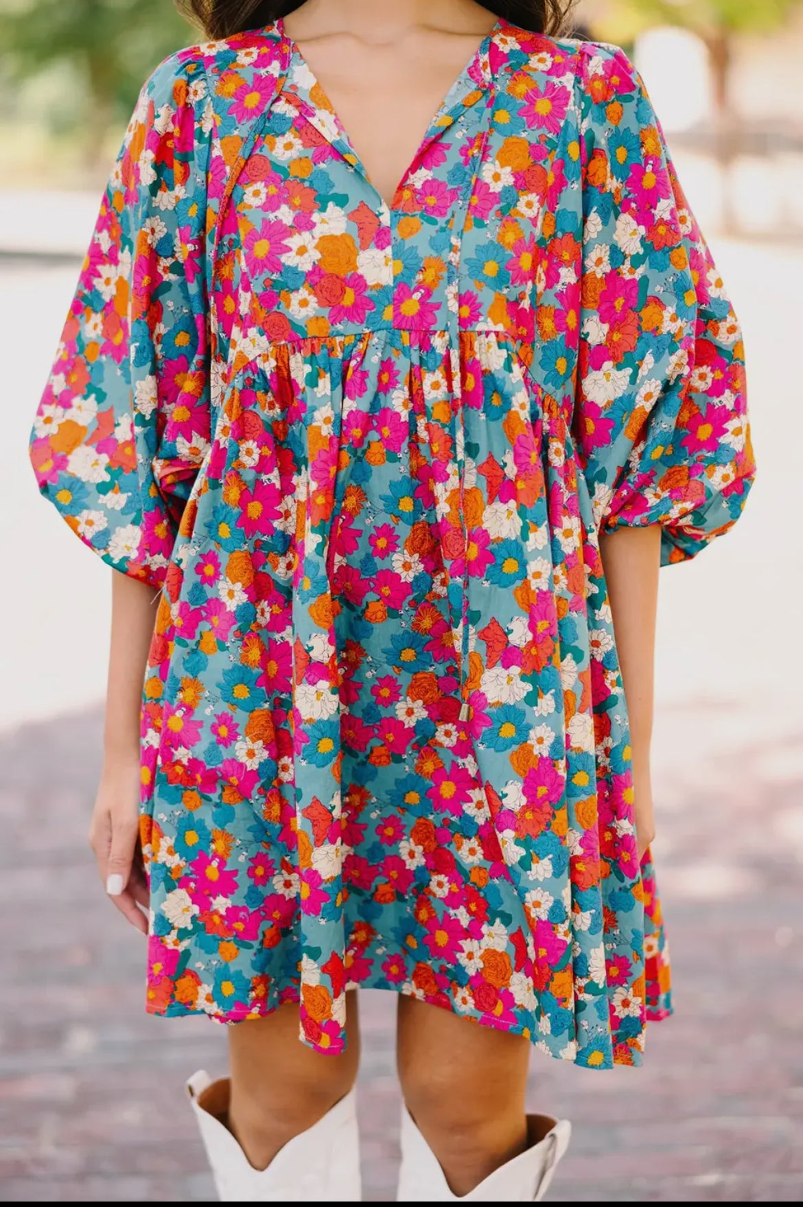 Blue floral bubble sleeve dress