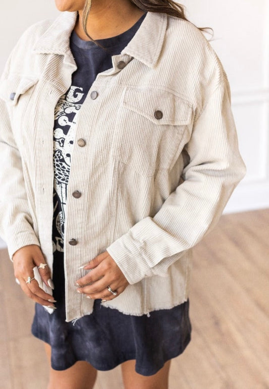 Cream Distressed Corduroy Shacket