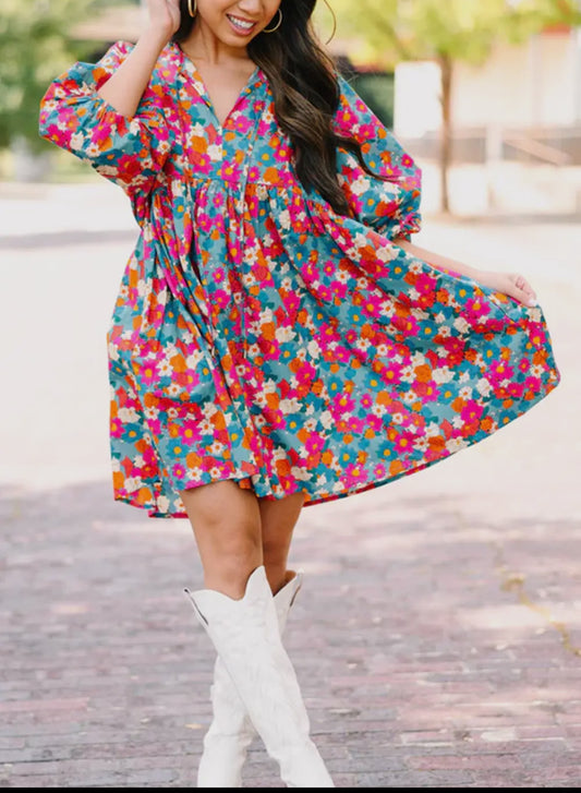 Blue floral bubble sleeve dress