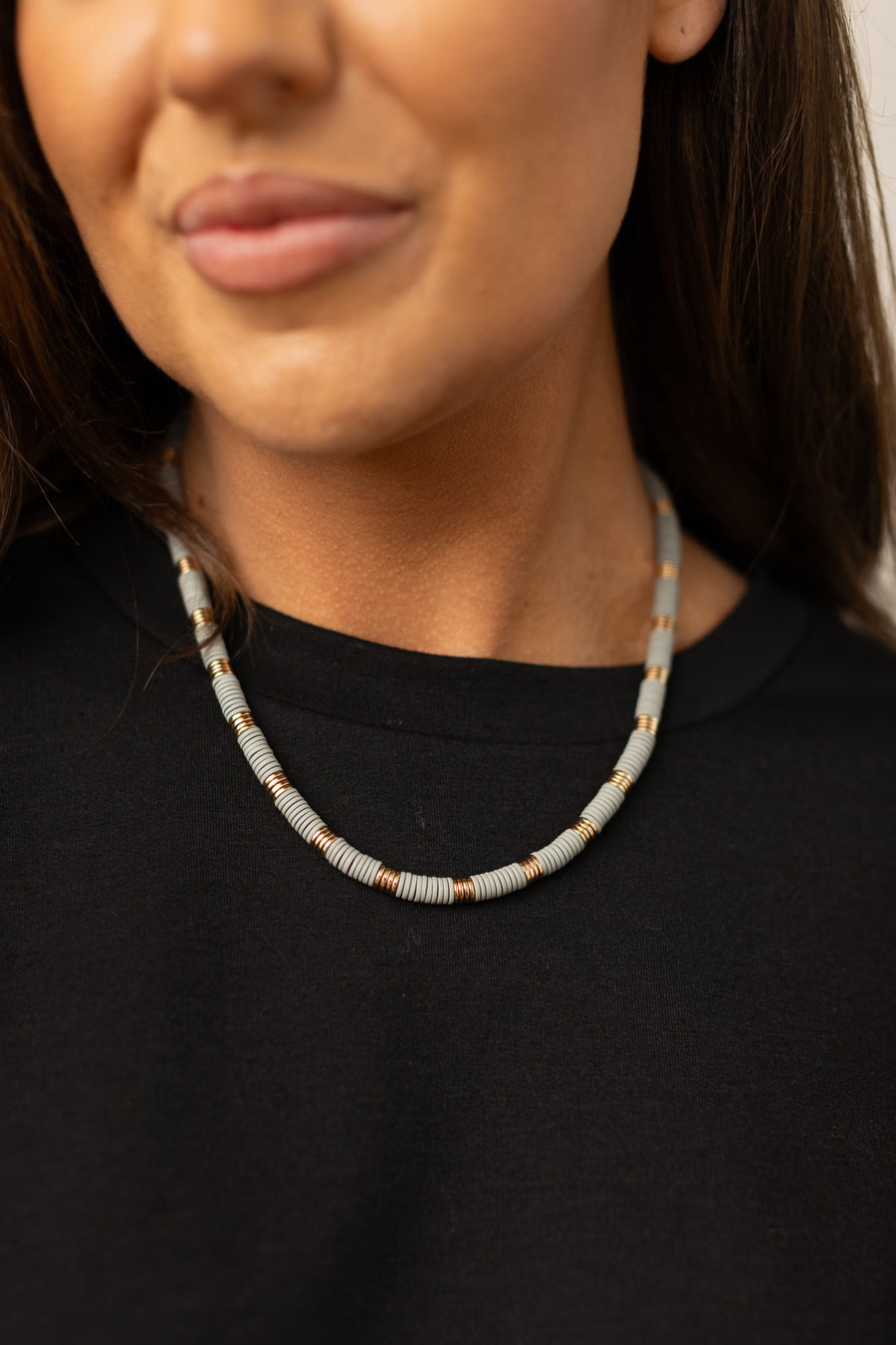 Making big statements gray chocker necklace