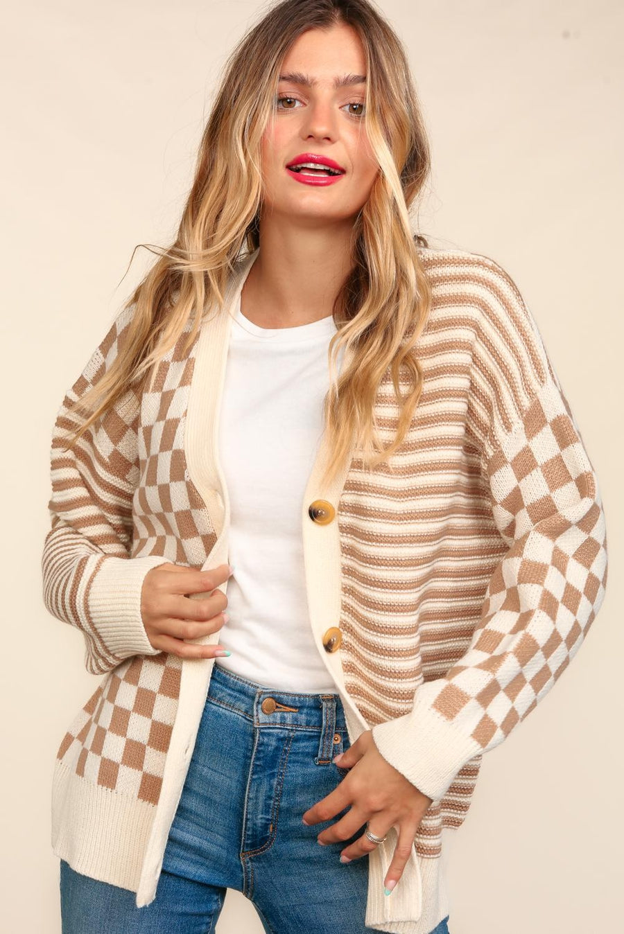 Button Checkered Sweater